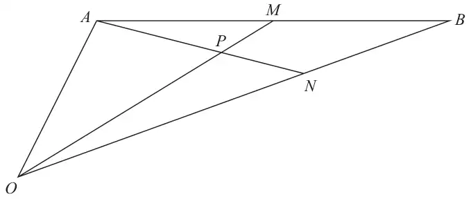 Triangle OAB; M is the midpoint of AB, N is on OB, and the lines AN and OM cross at P