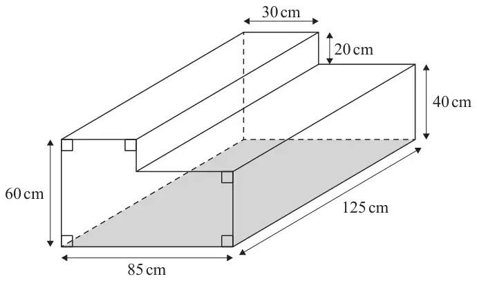 Prism-shaped container: the end face is an L-shape, 85 cm wide and 60 cm high at the left, with a step 30 cm wide and 20 cm deep cut from the top so the right-hand part is 40 cm high; the length of the container is 125 cm and the rectangular base is shaded