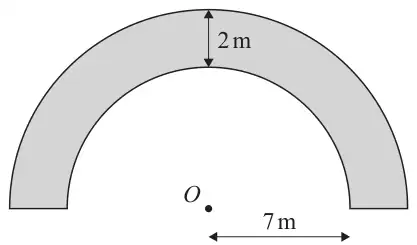 Shaded path between two semicircles with centre O; the inner radius is 7 m and the path is 2 m wide
