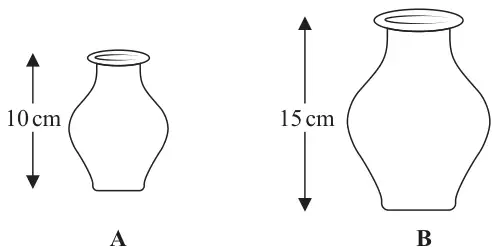 Two similar vases: vase A of height 10 cm and vase B of height 15 cm