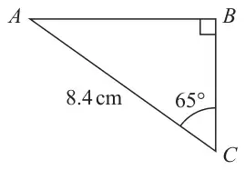 Right-angled triangle ABC with the right angle at B, hypotenuse AC = 8.4 cm and angle ACB = 65 degrees
