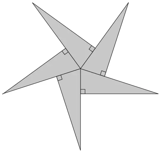 Five of the triangles arranged around a central point to make a star-shaped pinwheel