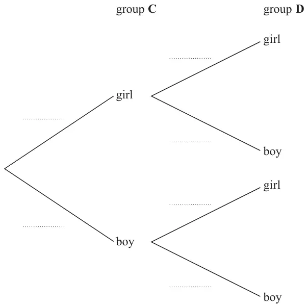 Probability tree diagram: group C first, girl or boy, then group D, girl or boy, with blank spaces for all six probabilities