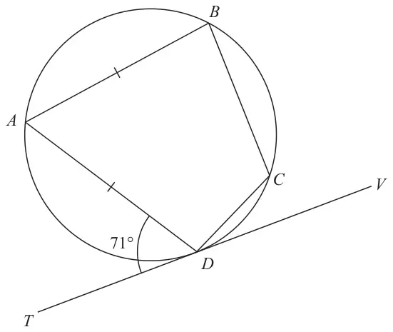 Cyclic quadrilateral ABCD with AB = AD marked equal; TDV is the tangent at D and angle ADT = 71 degrees