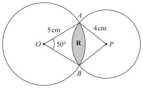 Two overlapping circles, one with centre O and radius 5 cm, the other with centre P and radius 4 cm, meeting at A and B; angle AOB = 50°; the shaded region R is the overlap