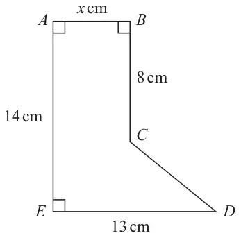 Shape ABCDE: AB = x cm along the top, AE = 14 cm down the left side, BC = 8 cm down from B, ED = 13 cm along the bottom, and CD a sloping side; right angles at A, B and E