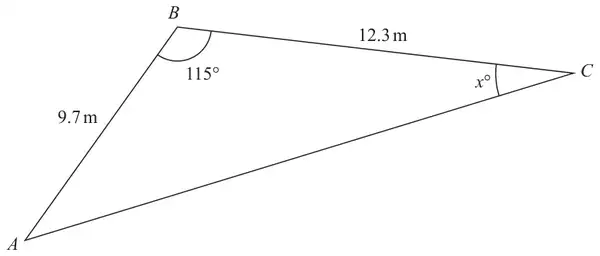 Triangle ABC with AB = 9.7 m, BC = 12.3 m, angle ABC = 115 degrees and angle BCA = x degrees