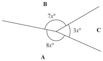 Three regular polygons A, B and C meeting at a point, with angles 8x degrees in A, 7x degrees in B and 3x degrees in C