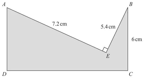 Rectangle ABCD with triangle AEB removed from the top; E is inside the rectangle, AE = 7.2 cm, BE = 5.4 cm, right angle at E, BC = 6 cm; the remaining shape is shaded