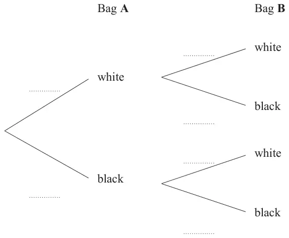 Probability tree diagram with blank branch labels: bag A white or black, then bag B white or black on each branch