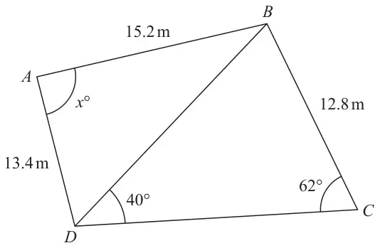 Quadrilateral ABCD with diagonal BD; AB = 15.2 m, AD = 13.4 m, BC = 12.8 m, angle BDC = 40 degrees, angle BCD = 62 degrees, angle DAB = x degrees