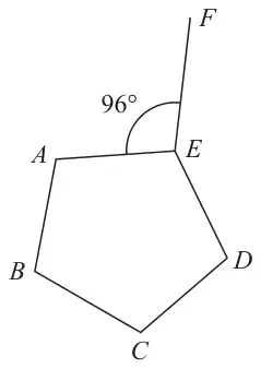 Regular pentagon ABCDE with a line EF going up from E; angle AEF is marked 96 degrees
