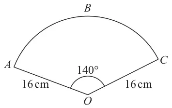 Sector OABC with radii OA and OC of 16 cm and angle AOC = 140 degrees