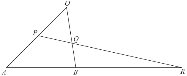 Triangle OAB with P on OA, Q on OB, and the line PQ extended to meet AB extended at R