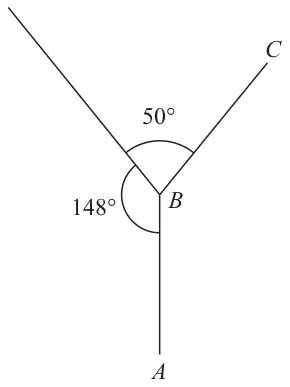 Two sides AB and BC of a polygon meeting at B; AB is vertical, the angle between BC and the extension line at B is 50 degrees, and the angle marked 148 degrees is between AB and that line