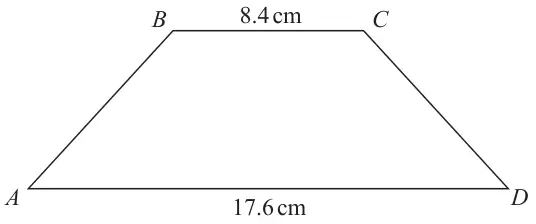 Isosceles trapezium ABCD with BC = 8.4 cm at the top and AD = 17.6 cm at the bottom