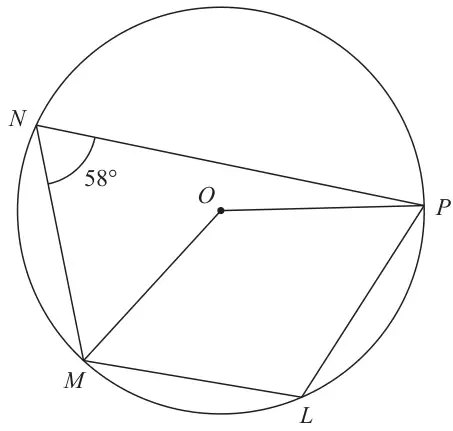 Circle with centre O and points N, P, L and M on it; chords NP, NM, ML and LP form a cyclic quadrilateral; O is joined to M and P; angle MNP is 58 degrees
