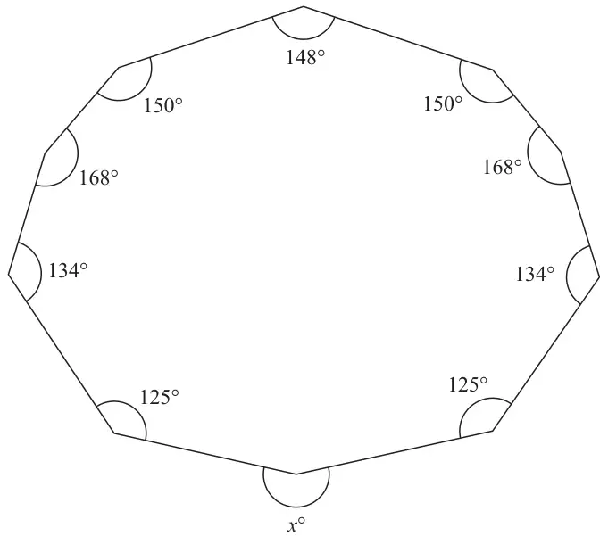Ten-sided polygon with interior angles 148, 150, 168, 134, 125, x, 125, 134, 168 and 150 degrees; x is a reflex angle