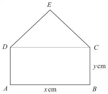 Five-sided shape ABCED: rectangle ABCD with AB = x cm along the bottom and BC = y cm, and triangle CED on top of DC