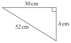 Right-angled triangle with the top side 30 cm, the hypotenuse 52 cm and the vertical side h cm