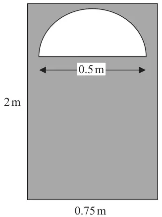 Shaded rectangular door 2 m tall and 0.75 m wide with an unshaded semicircular window of diameter 0.5 m near the top