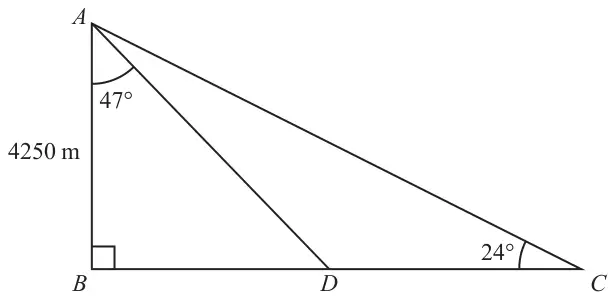 Right-angled triangle ABC with the right angle at B; D is on BC; AB = 4250 m, angle BAD = 47 degrees, angle BCA = 24 degrees