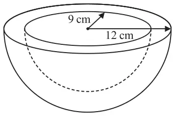 Hemispherical bowl with outer radius 12 cm and inner radius 9 cm