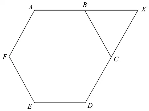Regular hexagon ABCDEF; AB is extended to X and DC is extended to X, forming triangle BXC