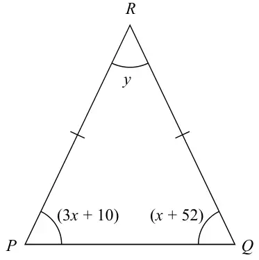 Triangle PQR with RP and RQ marked equal; angle at R is y, angle at P is (3x + 10) and angle at Q is (x + 52)