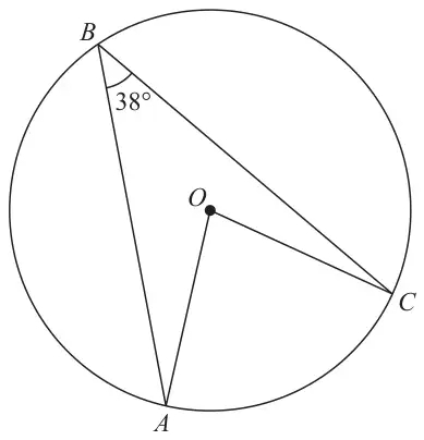 Circle centre O with points A, B and C on the circle; chords BA and BC with angle ABC = 38°; radii OA and OC