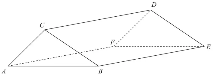 Triangular prism ABCDEF with triangle ABC at the front, edges CD, BE and AF along its length (AF, FD and FE dashed)