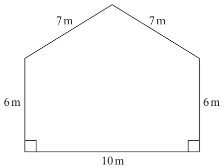 Pentagon made of a 10 m by 6 m rectangle with an isosceles triangle on top whose equal sides are 7 m