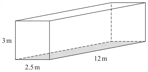 Cuboid 12 m long, 2.5 m wide and 3 m high with its base shaded