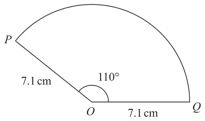 Sector OPQ with radii OP and OQ of 7.1 cm and angle POQ = 110 degrees