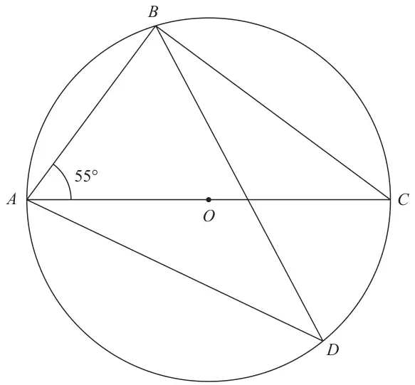 Circle centre O with diameter AOC; B and D on the circle; chords AB, BC, AD and BD drawn; angle BAC = 55 degrees