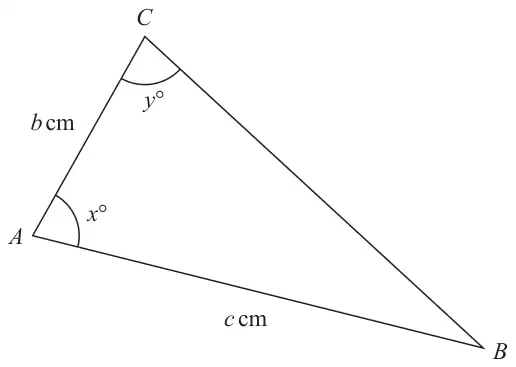 Triangle ABC with AC = b cm, AB = c cm, angle CAB = x degrees and angle ACB = y degrees