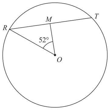 Circle centre O with chord RT; M is on RT and angle ROM is 52°