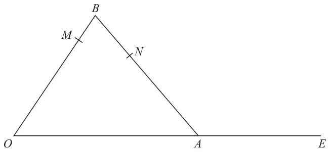 Triangle OAB with OA extended to E; M is on OB and N is on AB