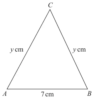 Isosceles triangle ABC with base AB = 7 cm and AC = BC = y cm