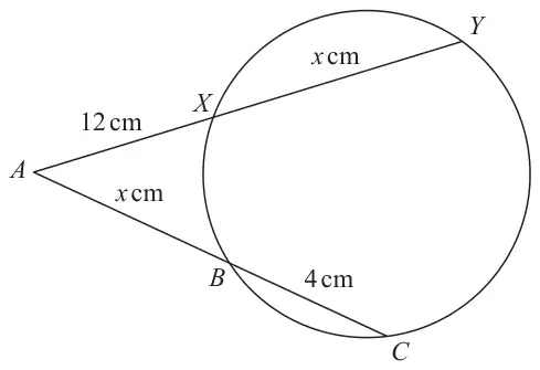 Circle through X, Y, B and C; from the point A outside the circle, the line AXY meets the circle at X and Y and the line ABC meets it at B and C; AX = 12 cm, XY = x cm, AB = x cm, BC = 4 cm
