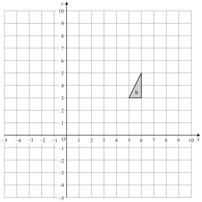 Grid with x from -5 to 10 and y from -5 to 10; triangle S has vertices (5, 3), (6, 3) and (6, 5)