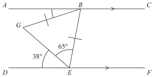 Parallel lines ABC and DEF marked with arrows; G is joined to B and to E; BG and BE are marked equal; angle DEG is 38 degrees and angle GEB is 65 degrees; angle ABG is marked