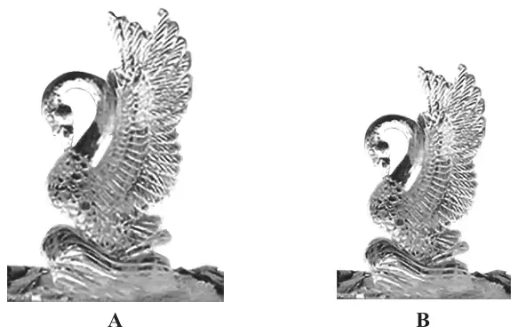 Photographs of two similar swan statues, a larger one labelled A and a smaller one labelled B