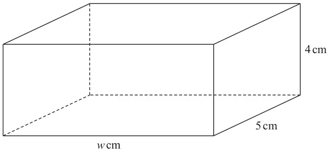 Cuboid with length w cm, width 5 cm and height 4 cm