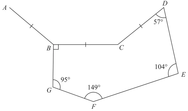 Hexagon BCDEFG with angle B = 90 degrees, angle D = 57 degrees, angle E = 104 degrees, angle F = 149 degrees and angle G = 95 degrees; line AB is drawn, and AB, BC and CD are marked equal
