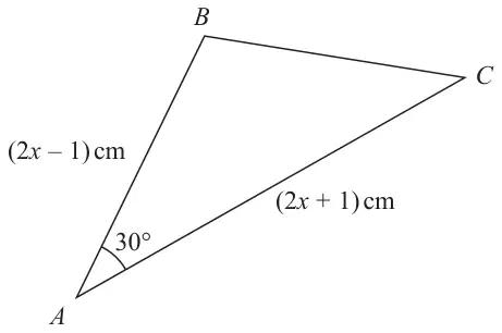 Triangle ABC with AB = (2x − 1) cm, AC = (2x + 1) cm and angle BAC = 30 degrees