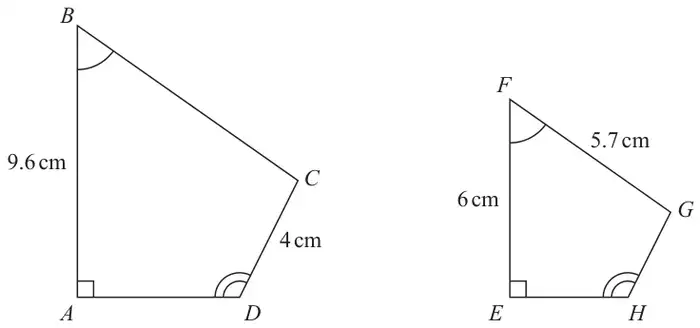 Quadrilateral ABCD with AB = 9.6 cm, CD = 4 cm and a right angle at A, and the similar smaller quadrilateral EFGH with EF = 6 cm, FG = 5.7 cm and a right angle at E