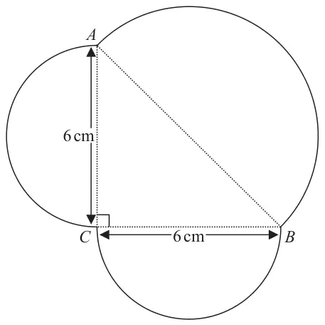 Right-angled triangle ABC with the right angle at C, CA = 6 cm and CB = 6 cm; a semicircle is drawn outwards on each of the sides AB, BC and CA