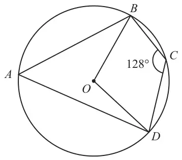 Circle centre O with points A, B, C and D on the circle; lines AB, BC, CD, DA, OB and OD drawn; angle BCD = 128 degrees