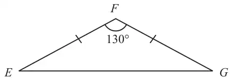 Isosceles triangle EFG with EF = GF marked equal and angle EFG = 130 degrees